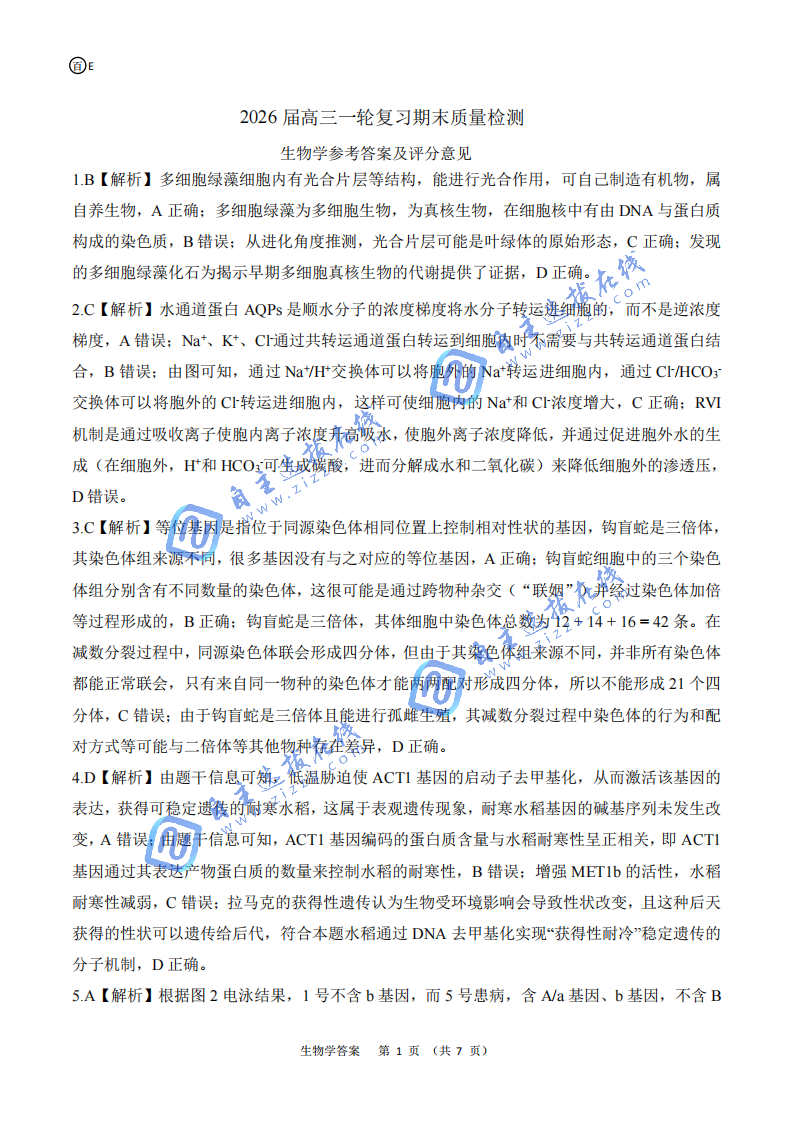 百师联盟2026届高三一轮复习期末检测生物试题及答案（陕晋青宁皖）